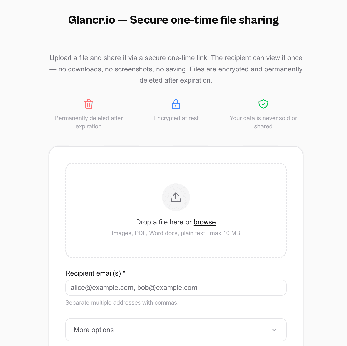 Glancr.io upload screen with recipient fields and secure file options